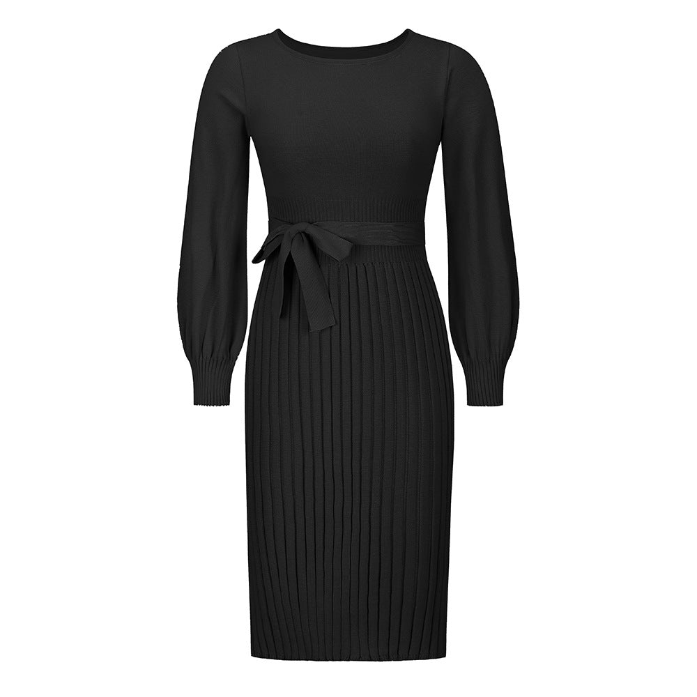 Slim-Fit Pleated Mid-Length Bottoming Sweater Knitting Dress