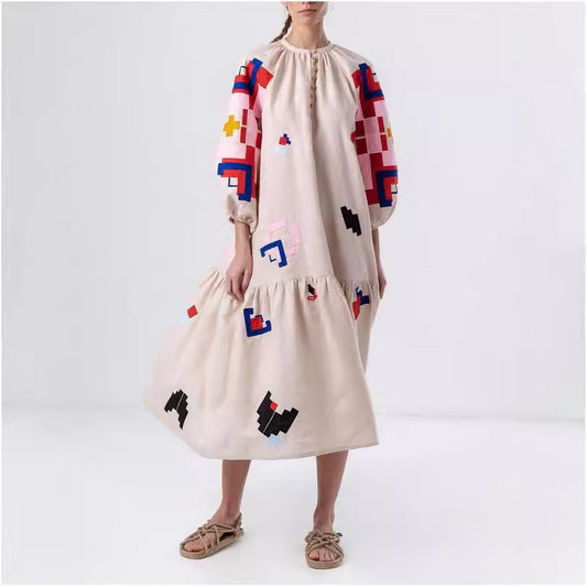 Loose Printed Casual Lantern Sleeve Dress