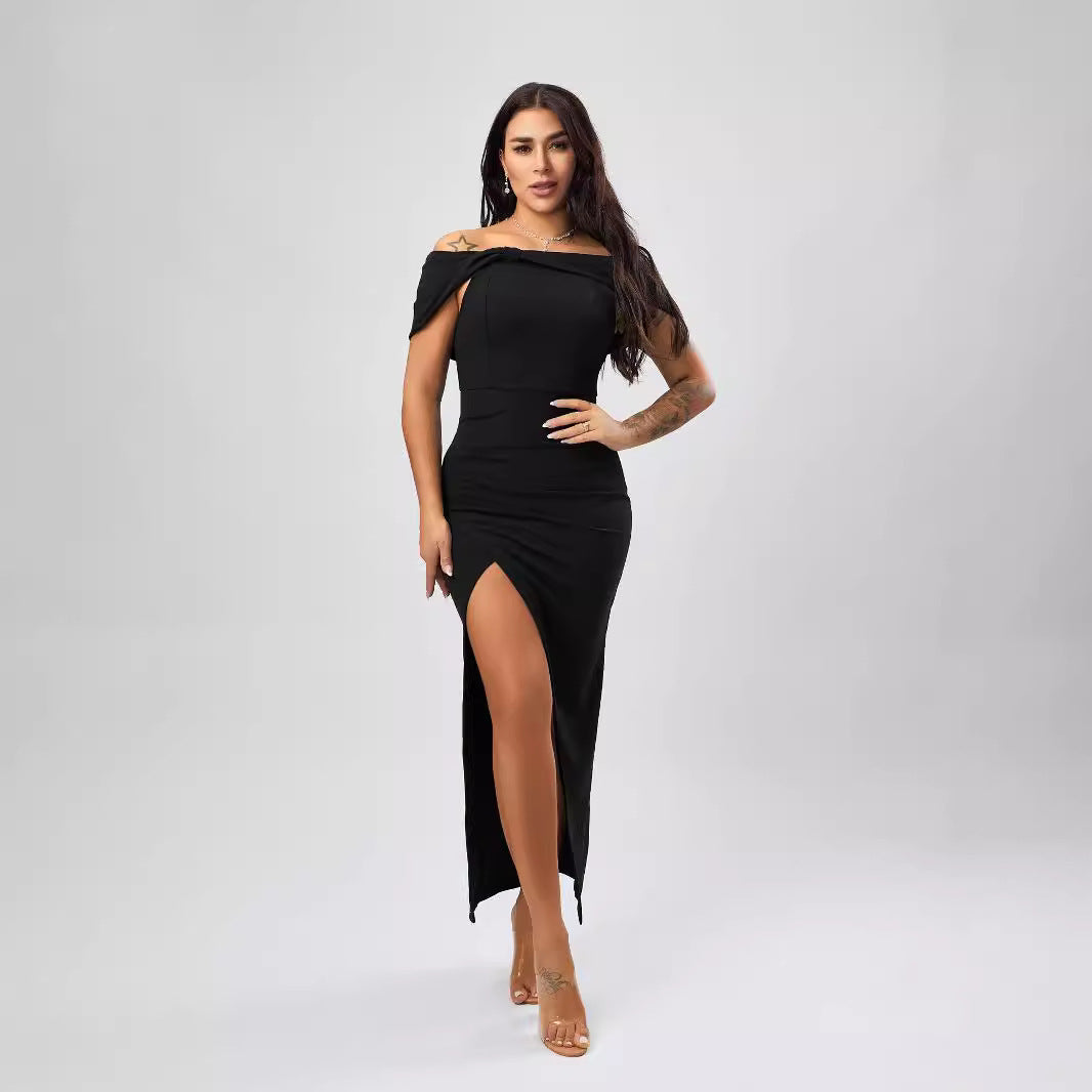 Solid Color Off Neck Tight Sexy Slit Dress