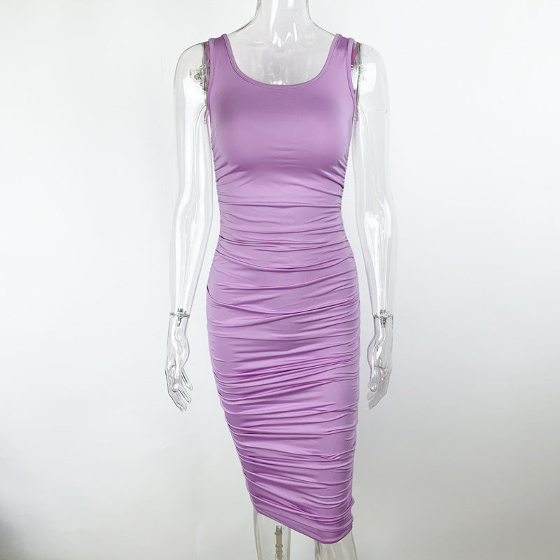 Solid Color Tight Backless Sleeveless Pleated Dress