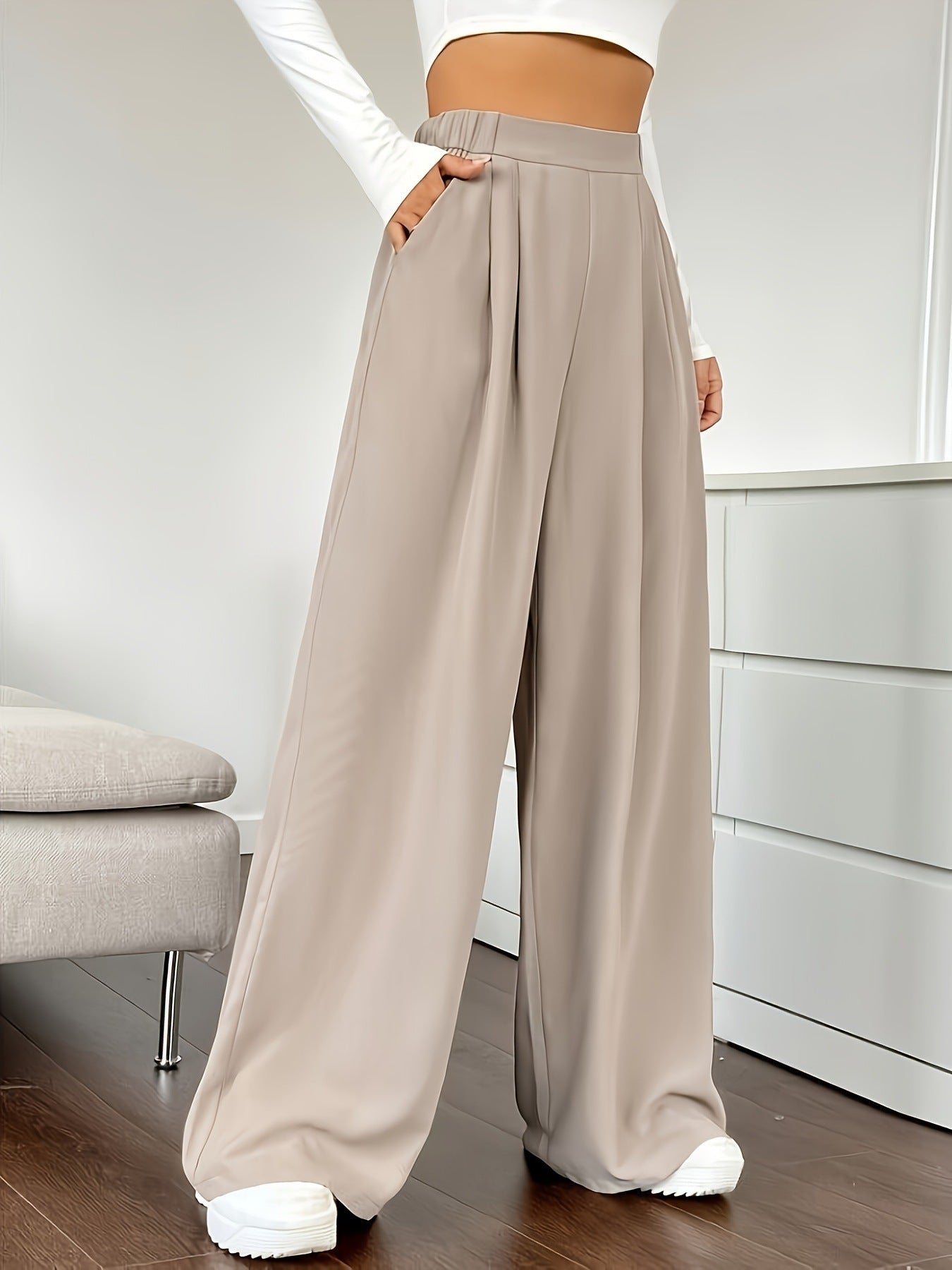 Elegant High Waist Wide Leg Straight Office Pants