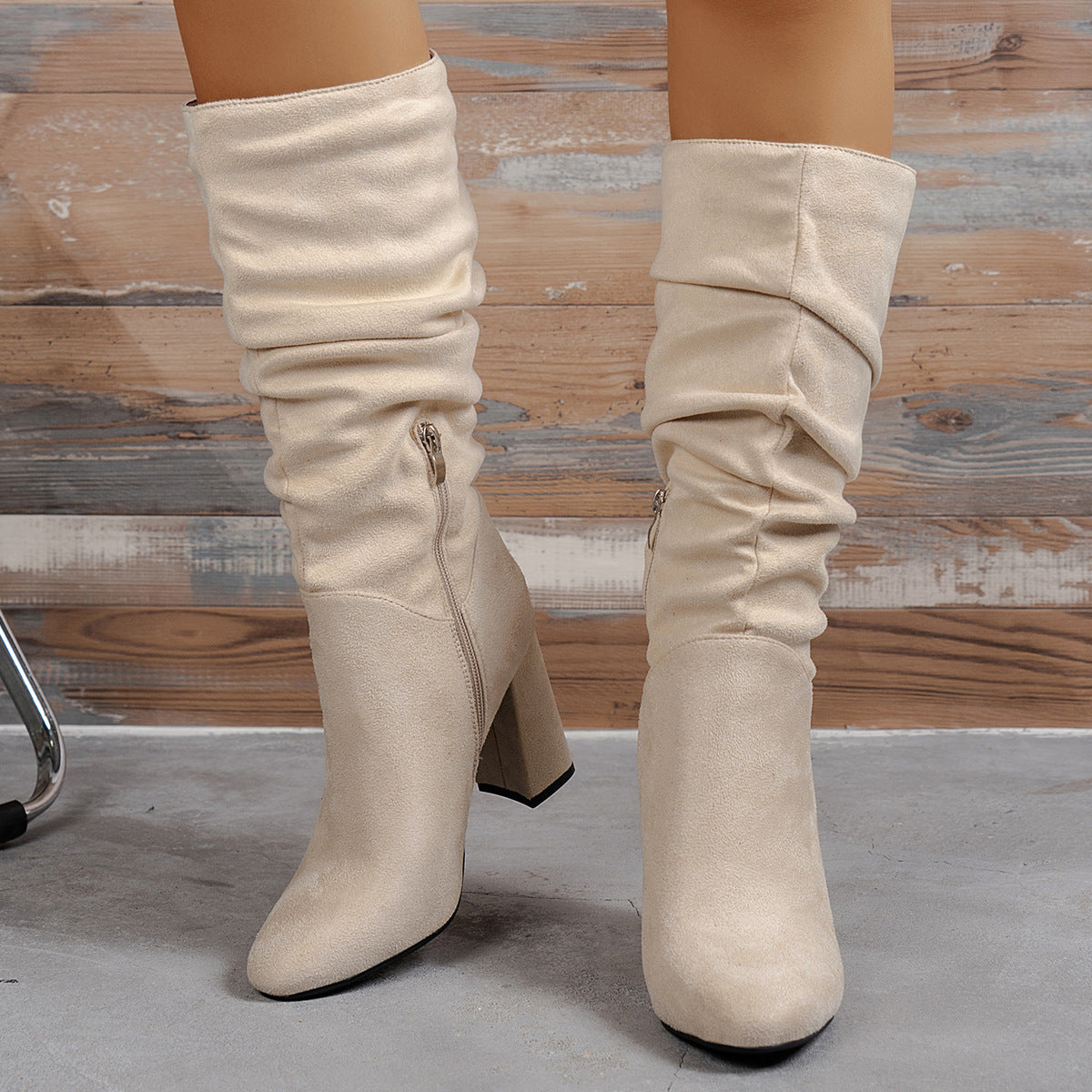 Microfiber Surface Pleated Chunky Heel High Heels Boots