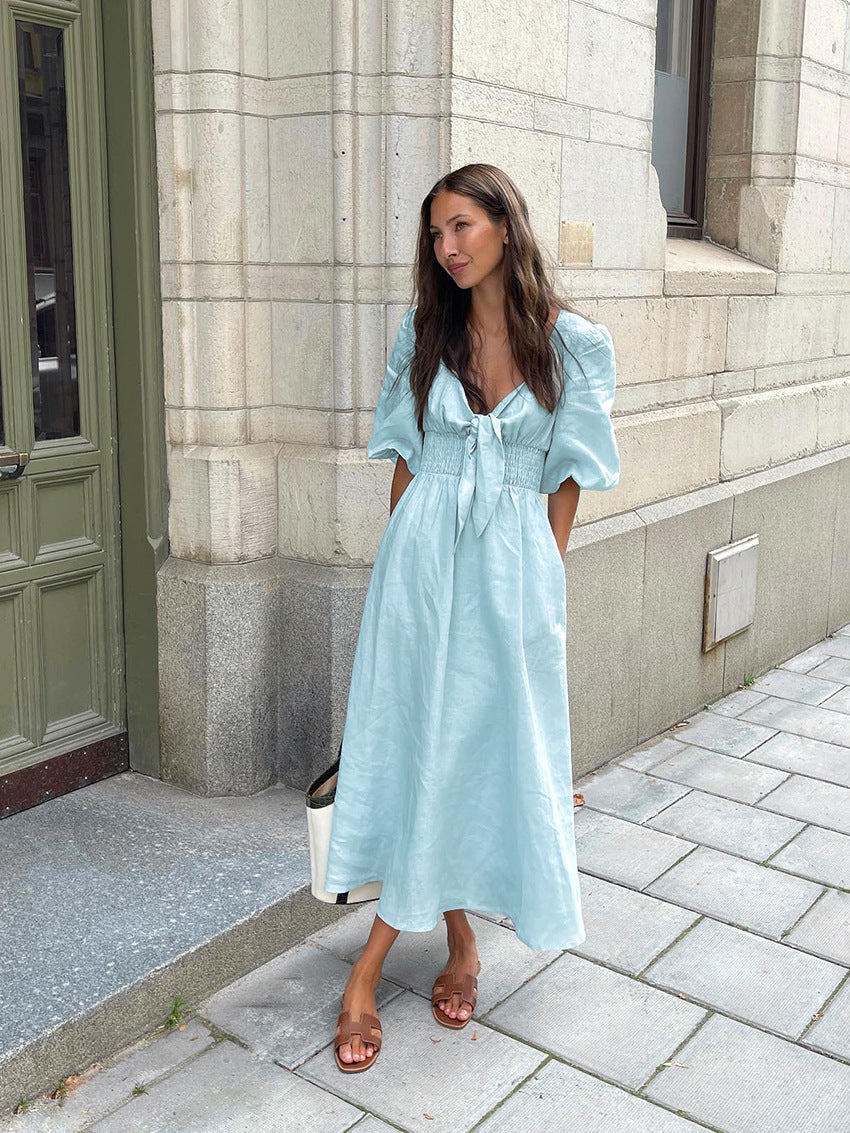 Vestido de lino de algodón, cintura alta, manga abombada, escote en V, escote en V, elegante, francés, de verano