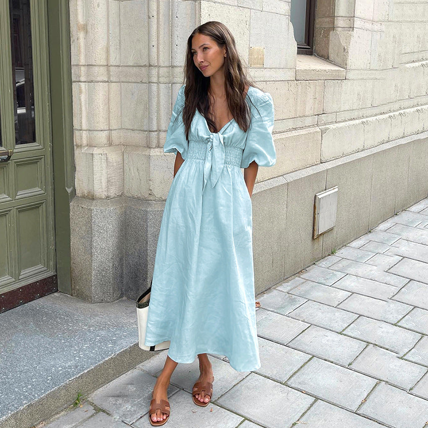 Vestido de lino de algodón, cintura alta, manga abombada, escote en V, escote en V, elegante, francés, de verano