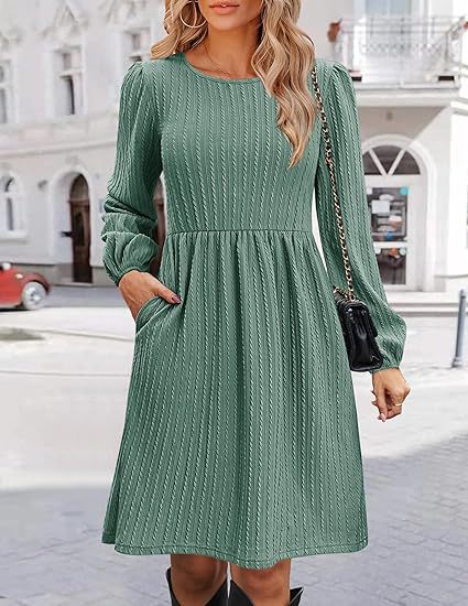 Round Neck Pocket Knitted Sweater Long Sleeve A Line Dress