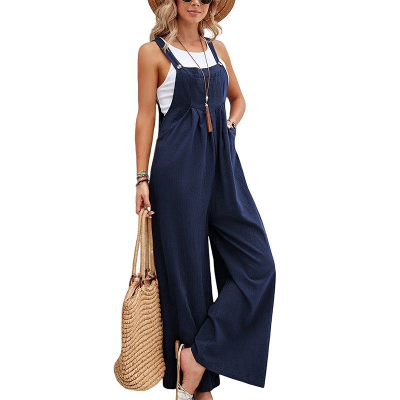 Solid Color Casual Suspender Trousers