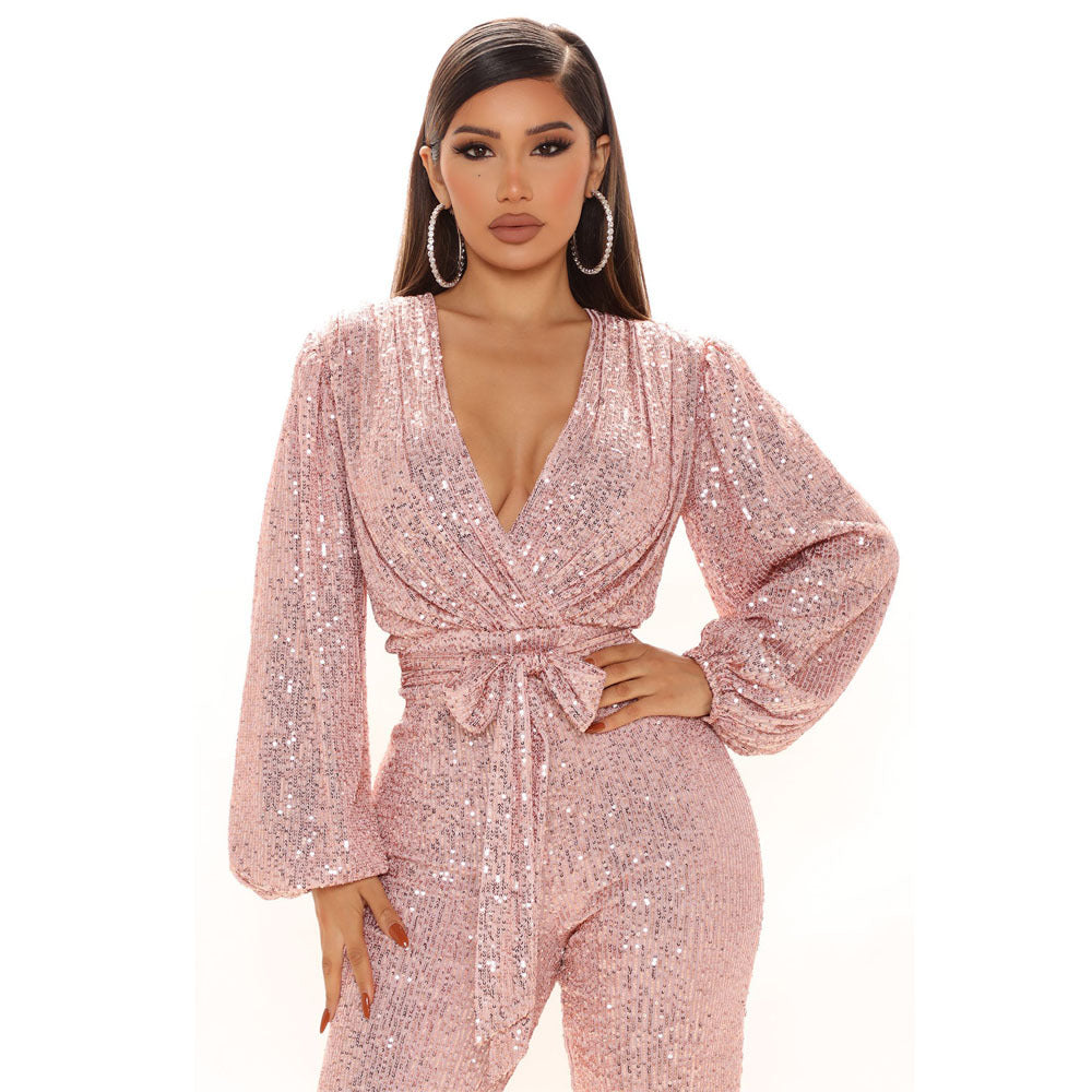 Sexy V-neck Sequined One-Piece Wide Leg Jumpsuit