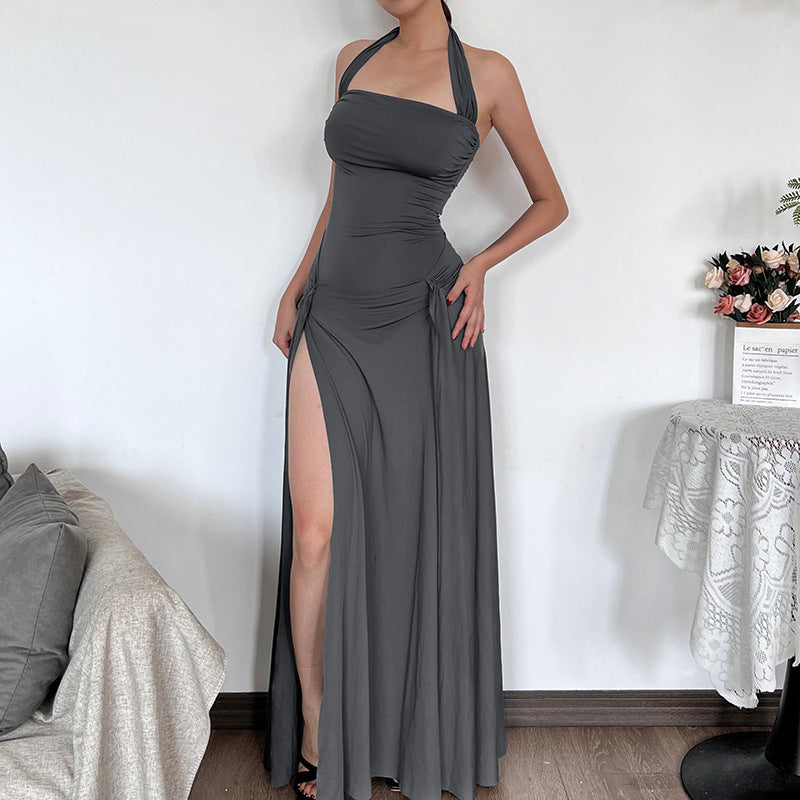 Pleated Sexy Slit Slim Halter Dress