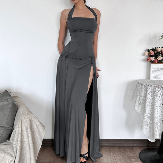 Pleated Sexy Slit Slim Halter Dress