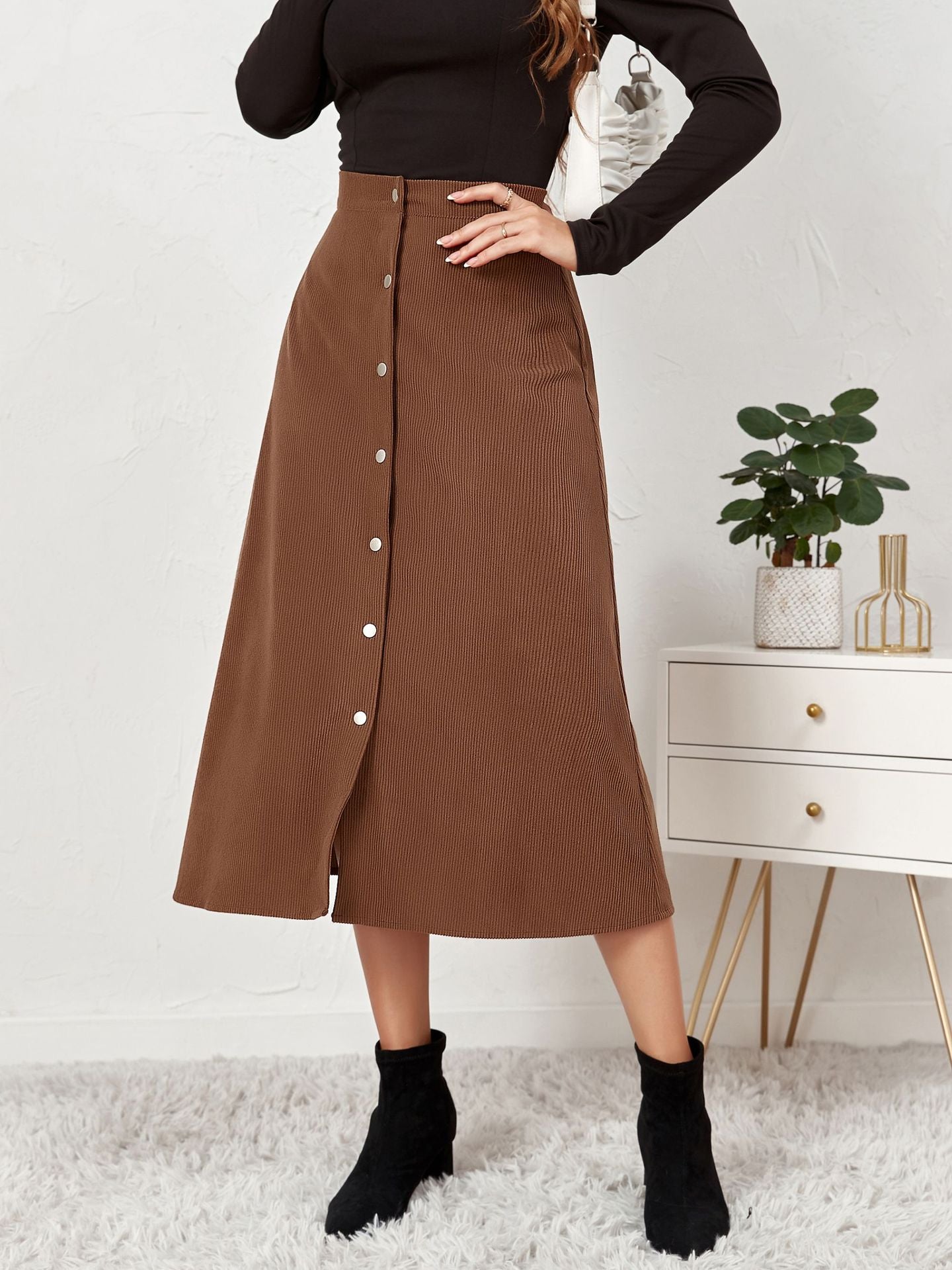 Single Breasted High Waist Autumn Winter Maxi Skirt