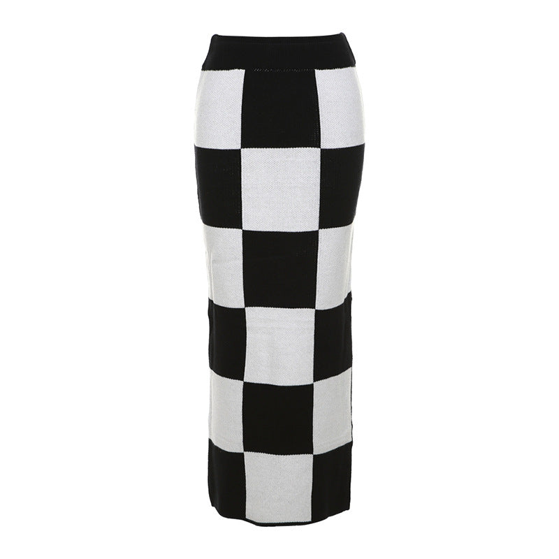 High Waist Slit Wrapped Chessboard Plaid Skirt