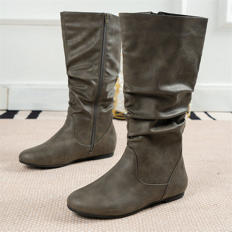 Pleated High Top Inner Zipper Flat Bottom round Head Boots