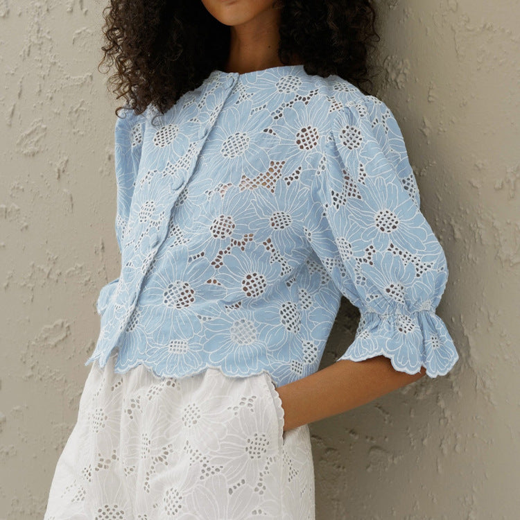 Embroidery Flared Sleeves Cropped Shirt Top