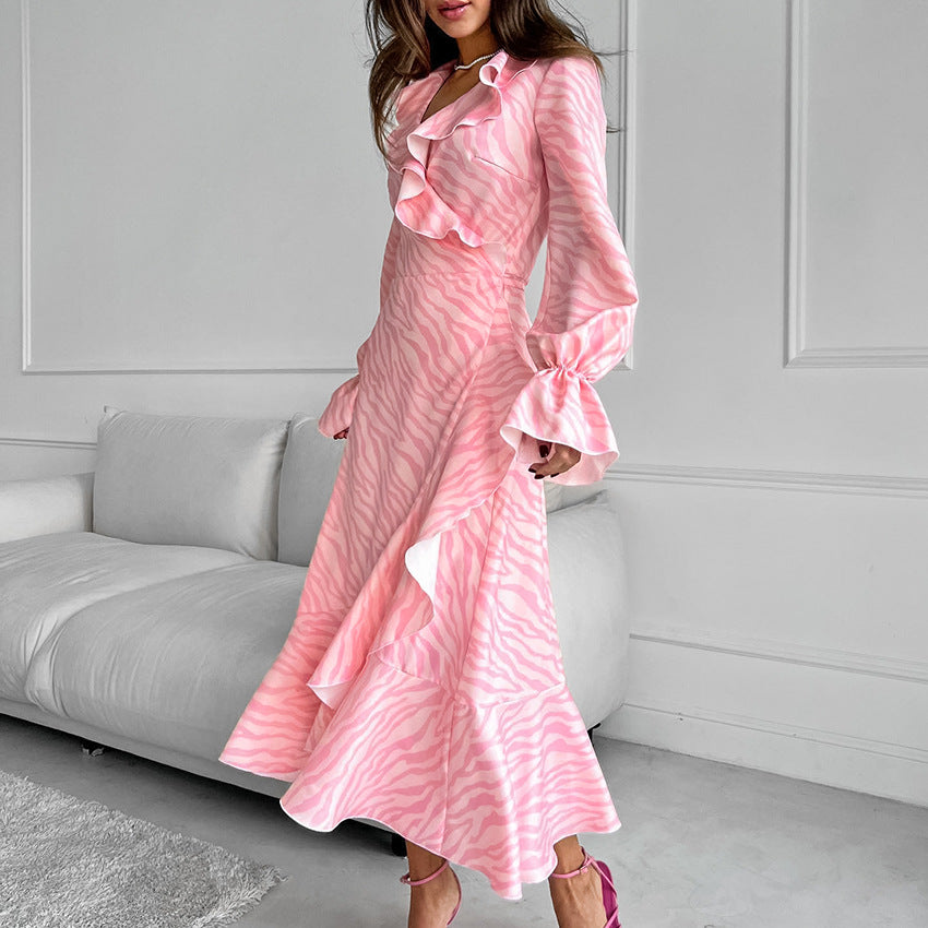 Pink Elegant Ruffled V Neck Flared Sleeves Lace Up Maxi Dress