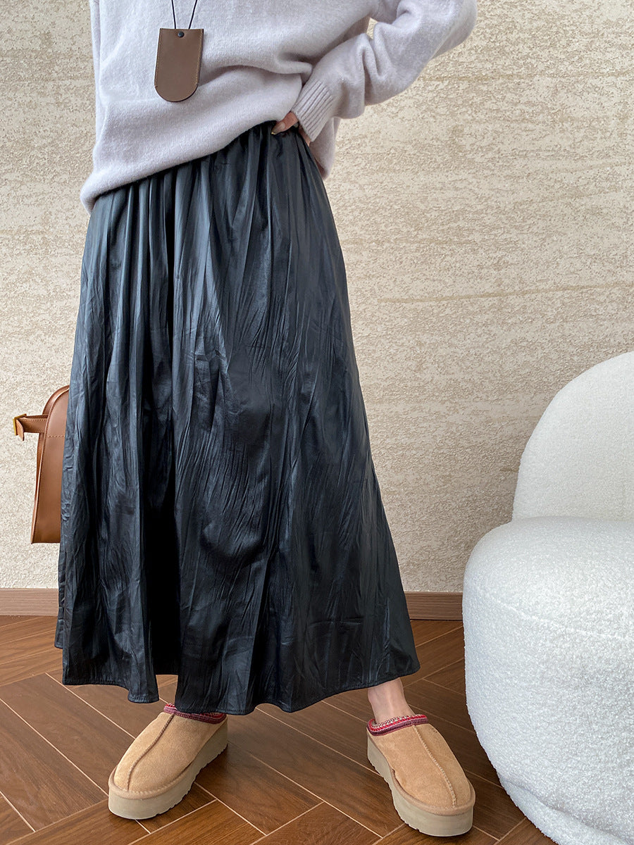 Vintage Pleated Texture Elastic High Waist Faux Leather Skirt