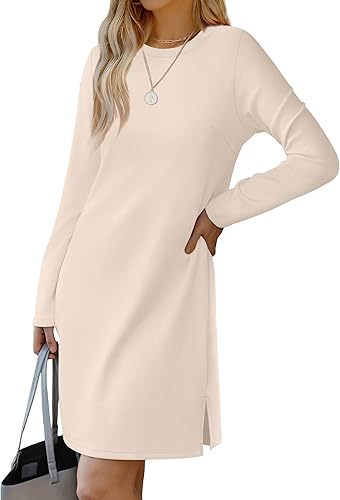 Round Neck Slit Hemline At Hem Sweater Long Sleeve Casual Dress