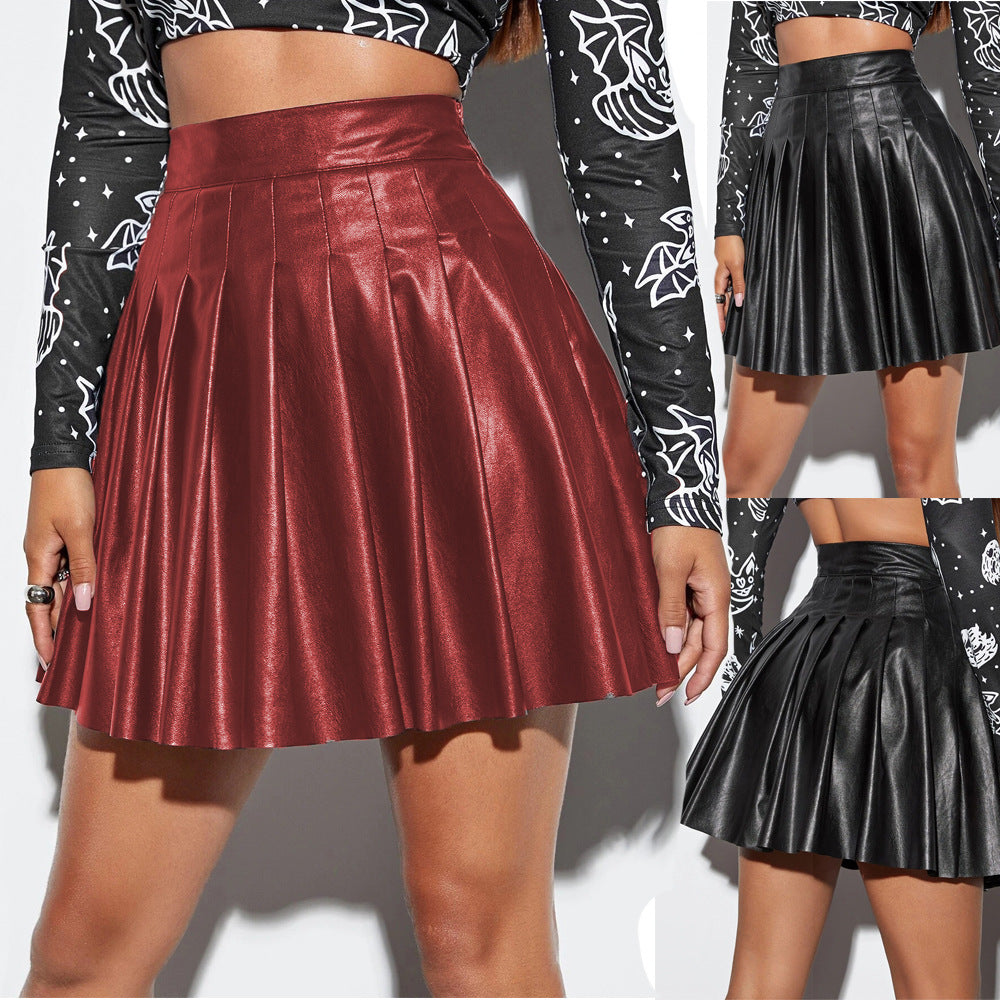 Sexy Faux Leather Night Club Pleated Skirt