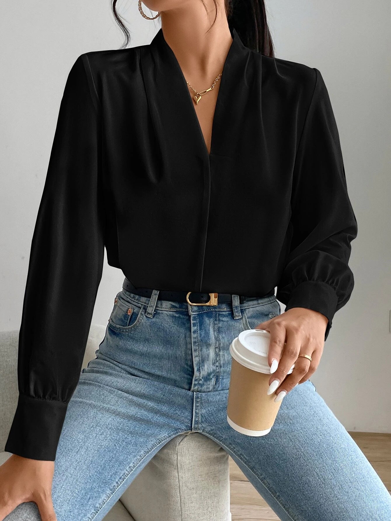 Long Sleeve V Neck Loose Shirt