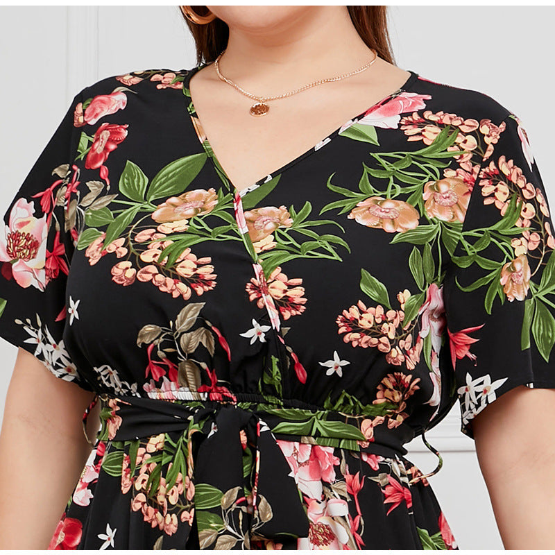 Plus Size High Waist Western V-neck Midi Dress