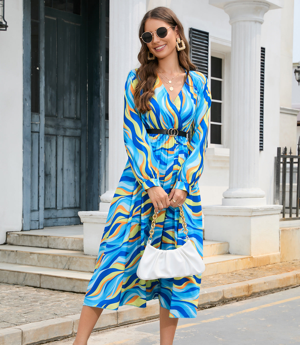 Printing V Neck Pleated Long Sleeve Dress With Belted