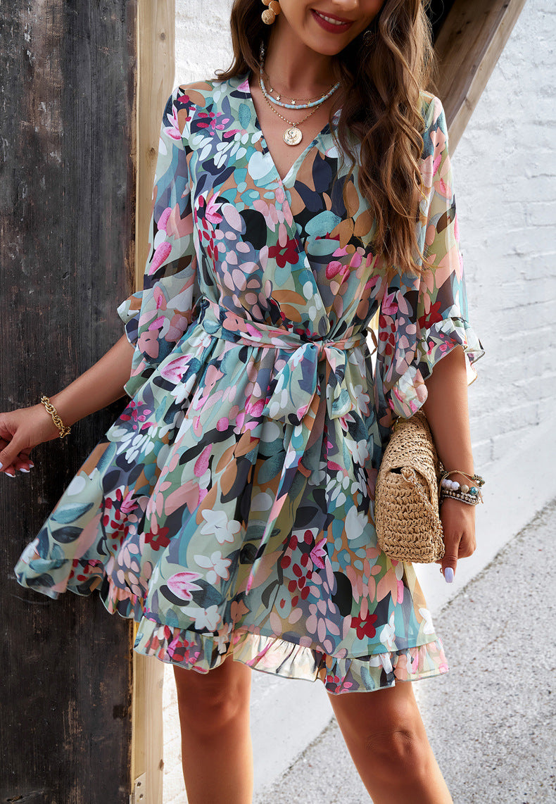 Elegant Printed Lace Up Dress