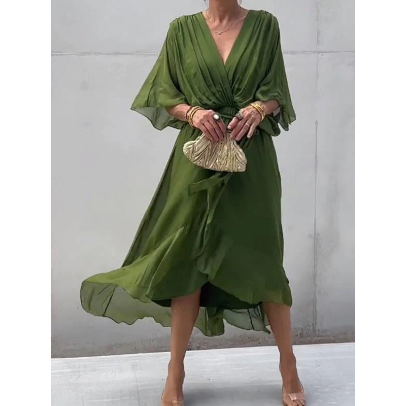 Solid Color Tied Maxi Dress Batwing Sleeve Irregular Asymmetric Dress