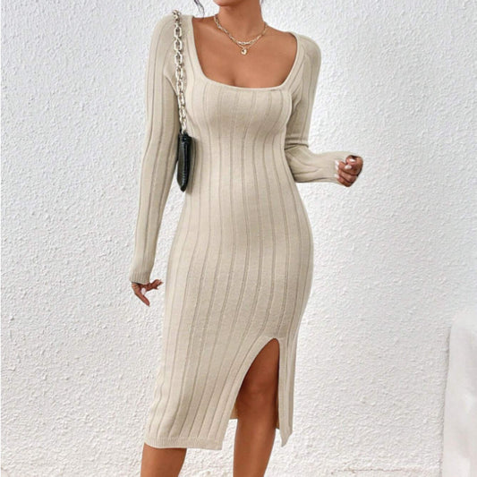 Sexy Square Collar Long Sleeve Knitted Dress