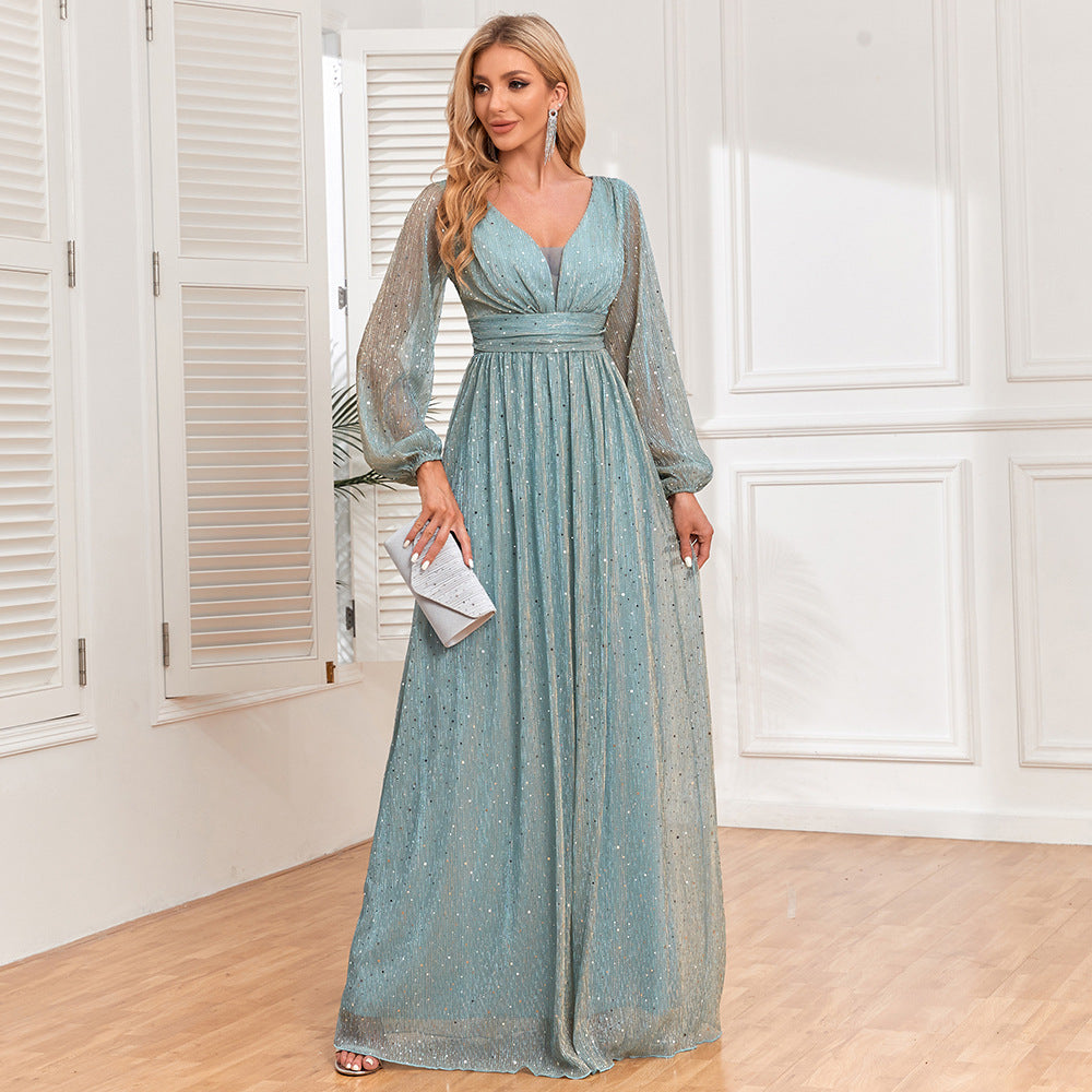 Shiny Pleated Elastic Sheer Long Sleeve V Neck Elegant Evening Dress
