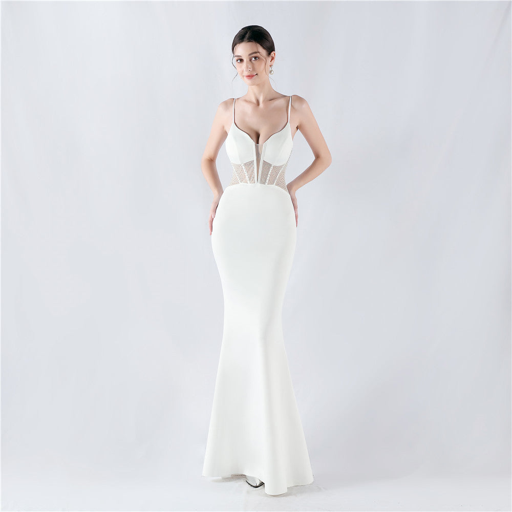 Elegant Boning Corset Vest Shaping Mesh Rhinestone Sling Sheath Fishtail Evening Dress