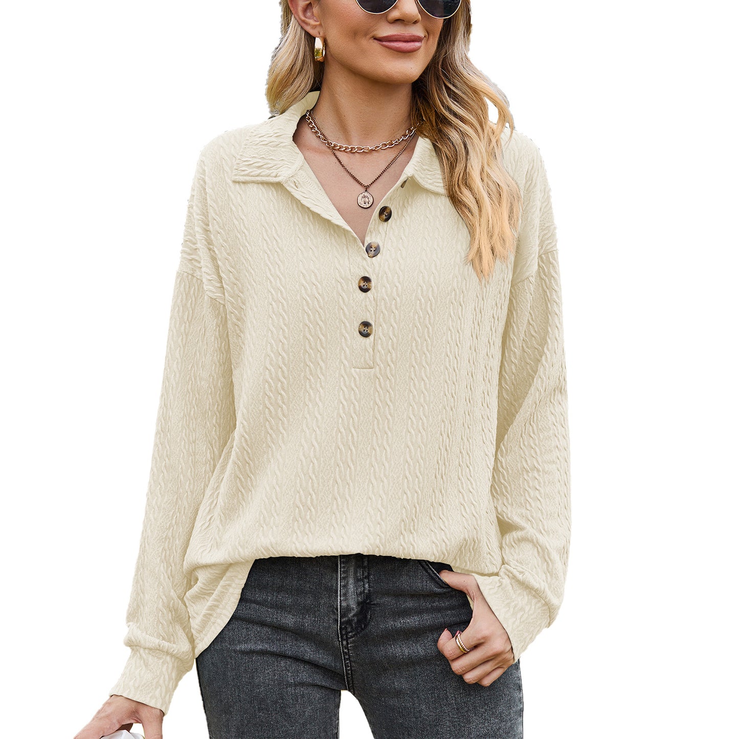 Solid Color Polo Collar Button Loose Long Sleeve Sweatershirt