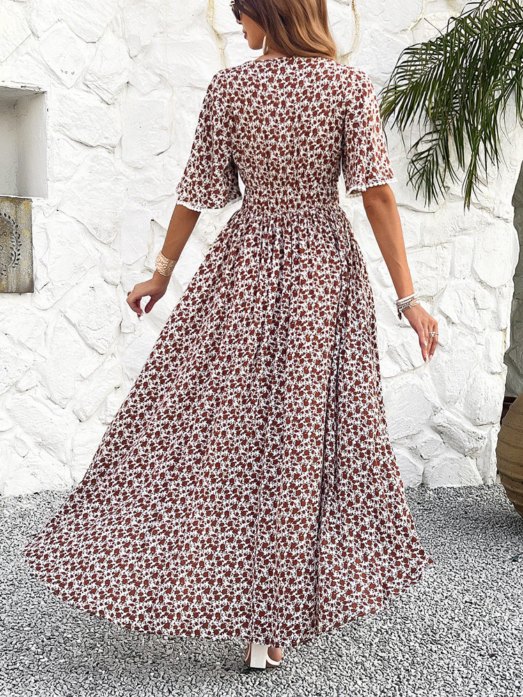 V Neck High Waist Elegant Printing Dress
