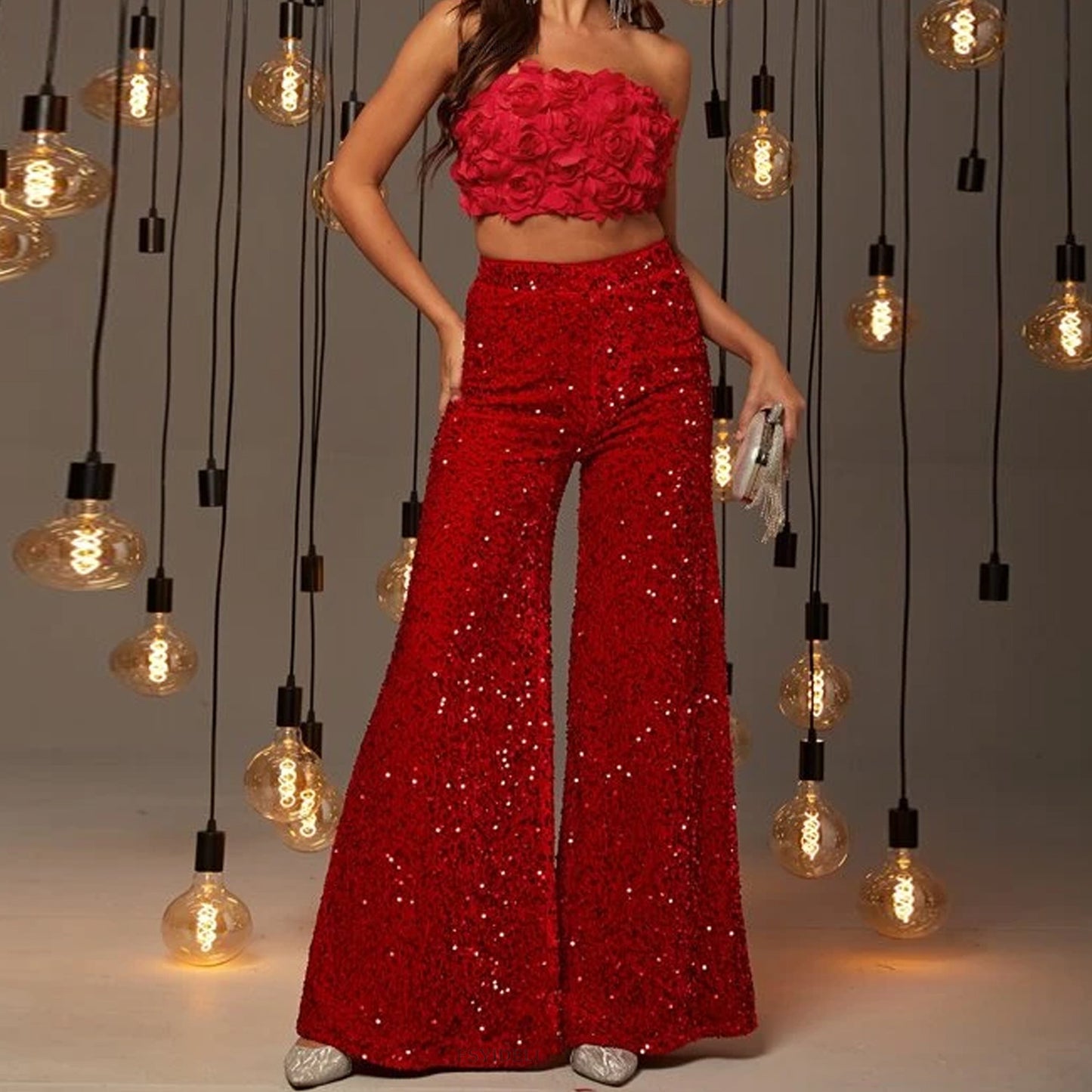 High Waist Slimming Sequin Wide Leg Pants