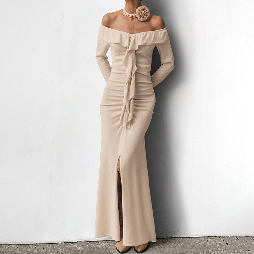 Khaki Off-Shoulder Röhrenoberteil Split Fishtail Kleid