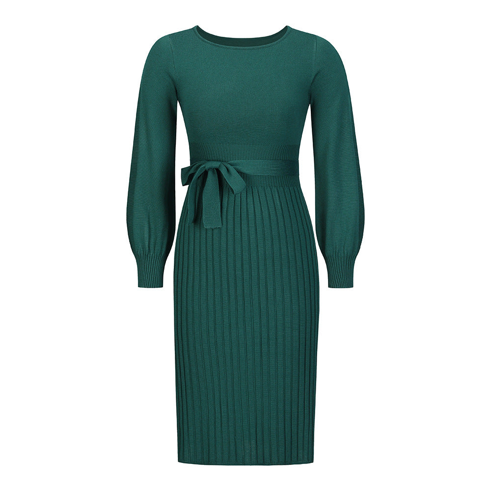 Slim-Fit Pleated Mid-Length Bottoming Sweater Knitting Dress