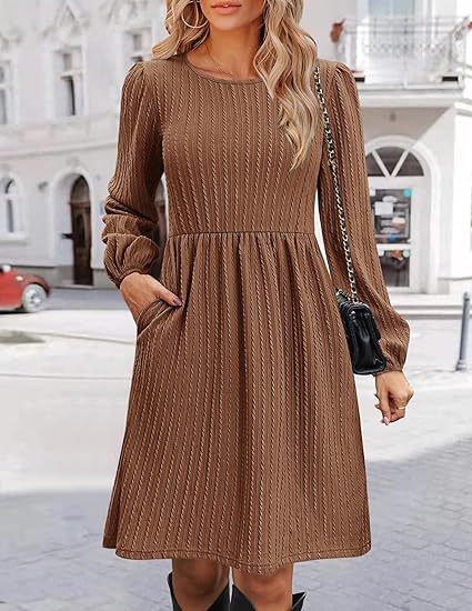 Round Neck Pocket Knitted Sweater Long Sleeve A Line Dress