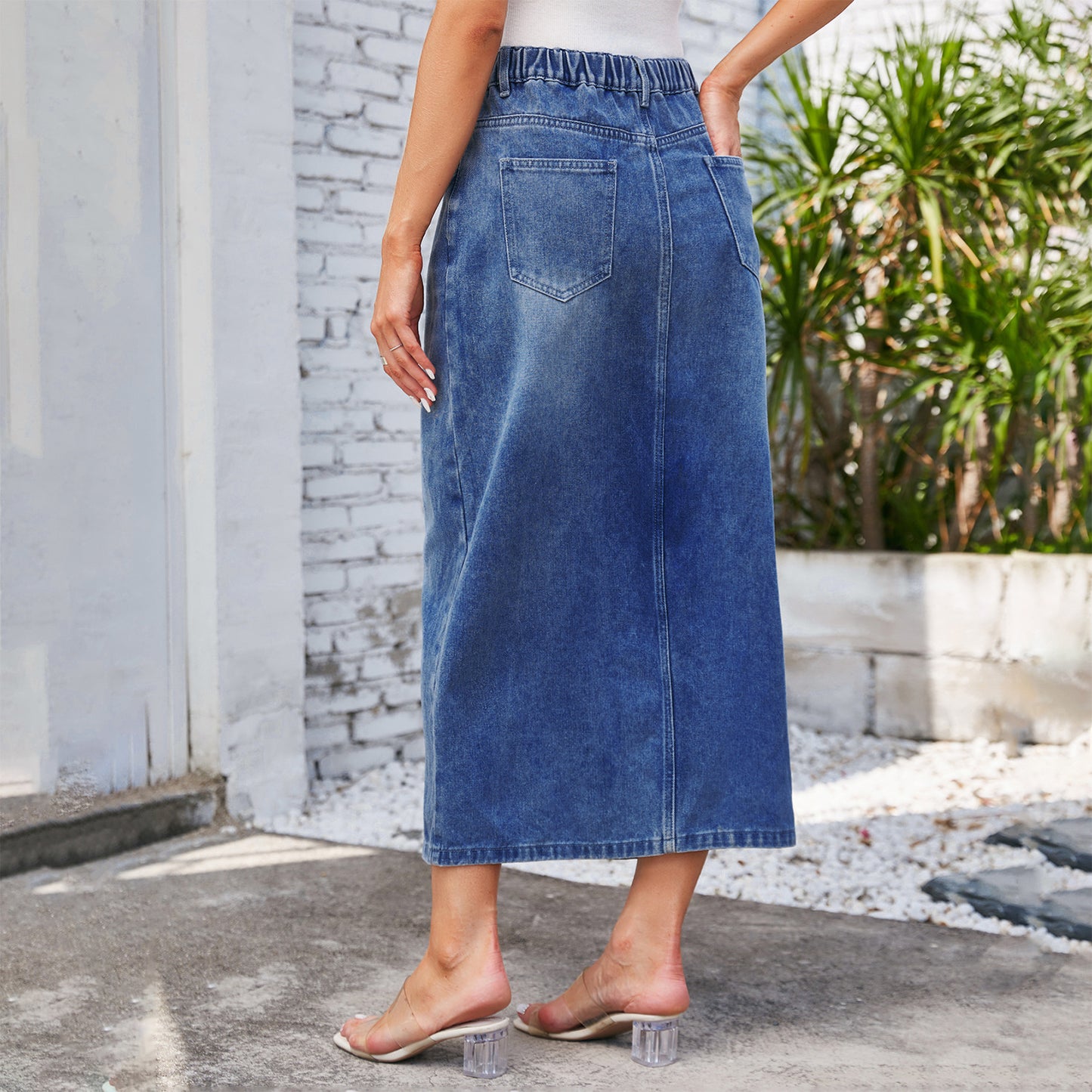 Washed Elastic Waist Split Denim Skirt