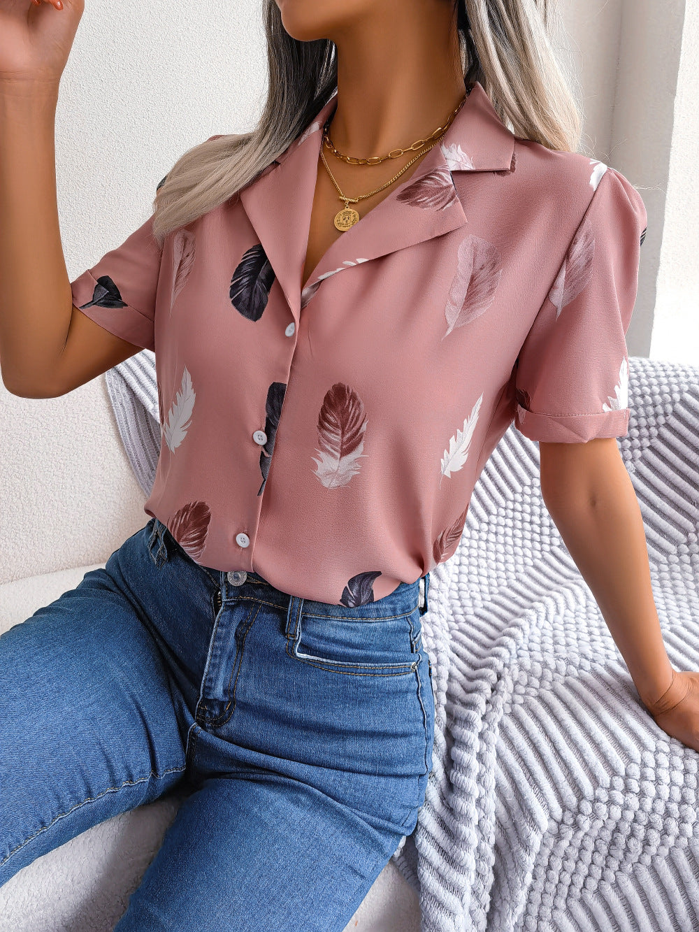 Elegant Collar Feather Loose Short Sleeve Shirt