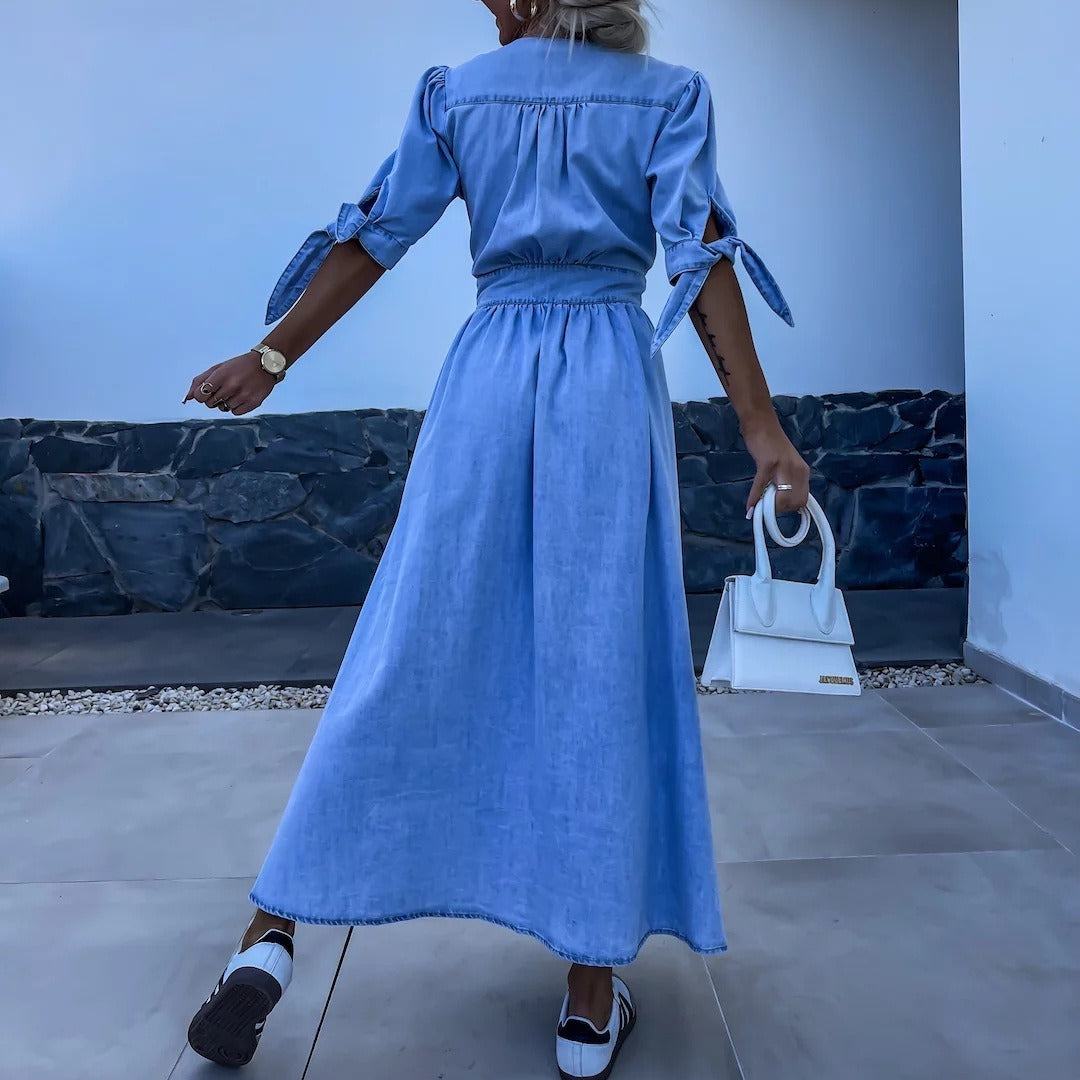 Sexy V Neck Long Button Denim Dress