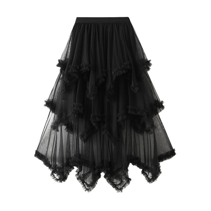 Wooden Ear Irregular Asymmetric Mesh Tiered Skirt