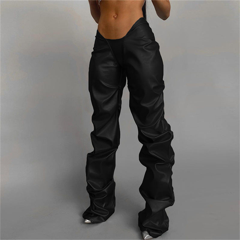 Pleated Poly Urethane Leather Sexy Low Waist Street Straight Casual Trousers