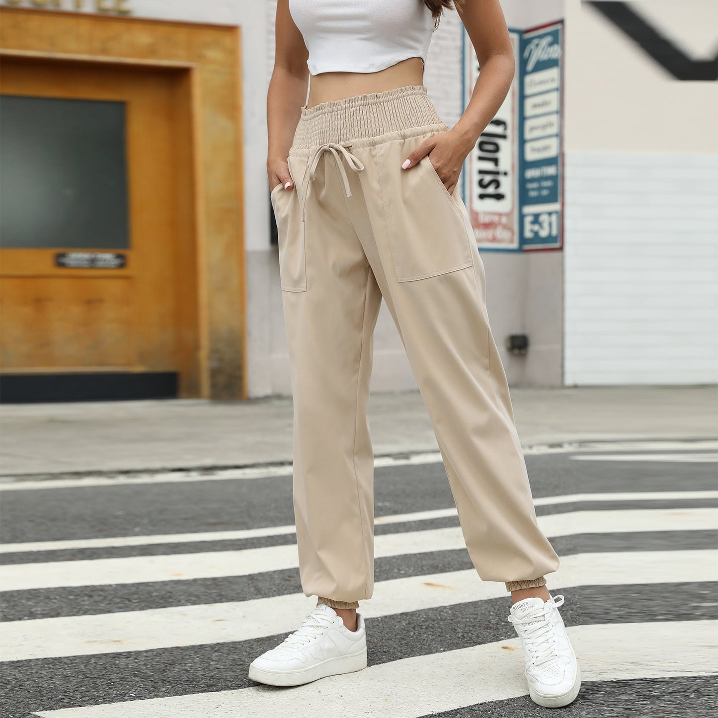 Elastic Solid Color Ankle Banded Pants
