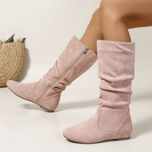 Side Zipper Flat Pleated Ankle Boots