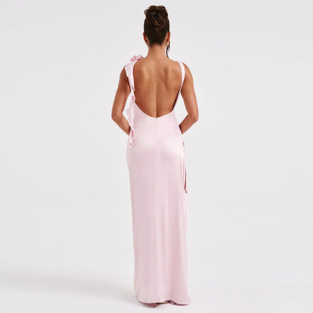 Sleeveless Backless Satin Pleated High Slit Dress