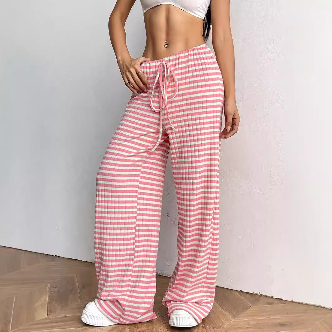 Striped Rubber Band Drawstring Straight Leg Pants