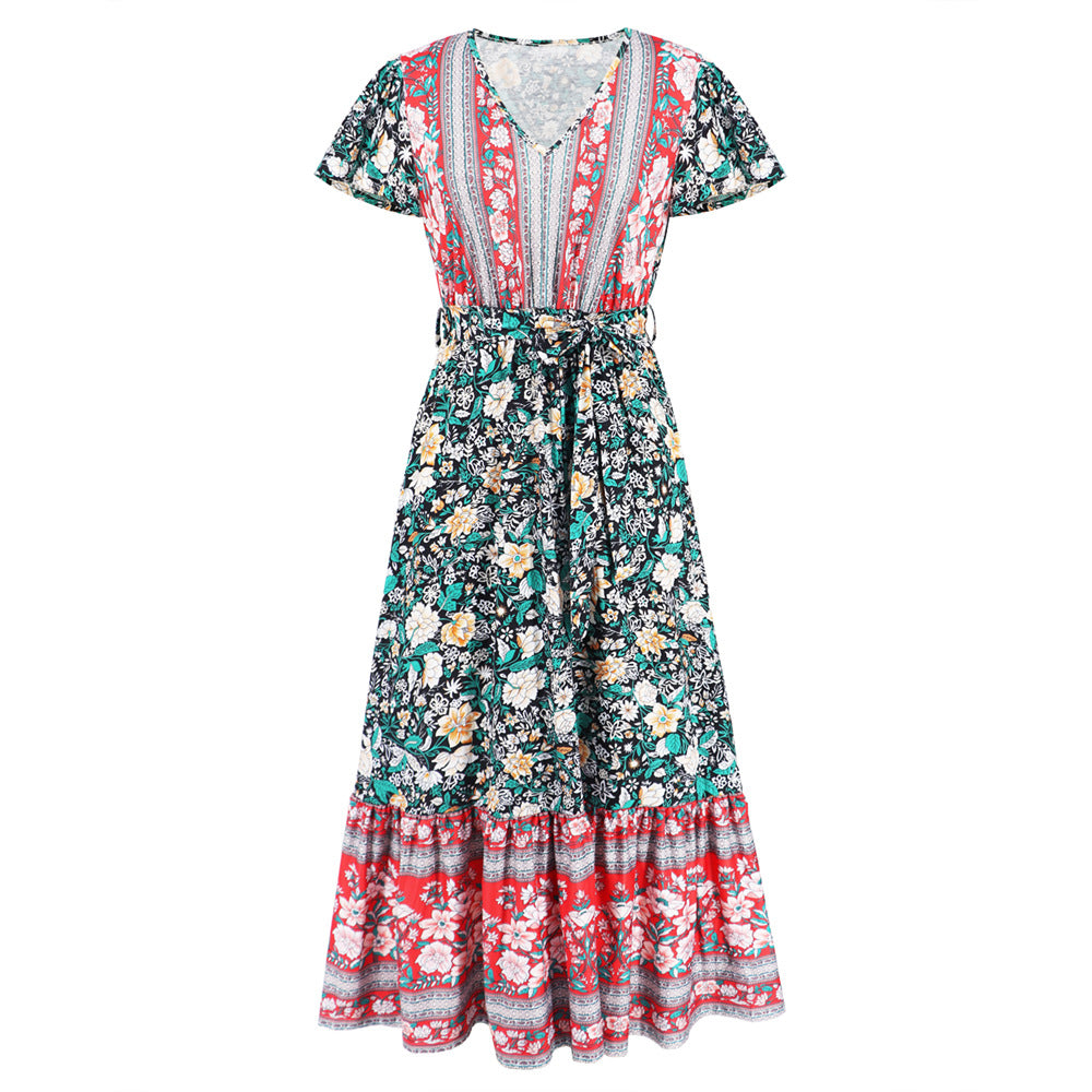 Summer V neck Ruffle Sleeve Floral Print Maxi Dress
