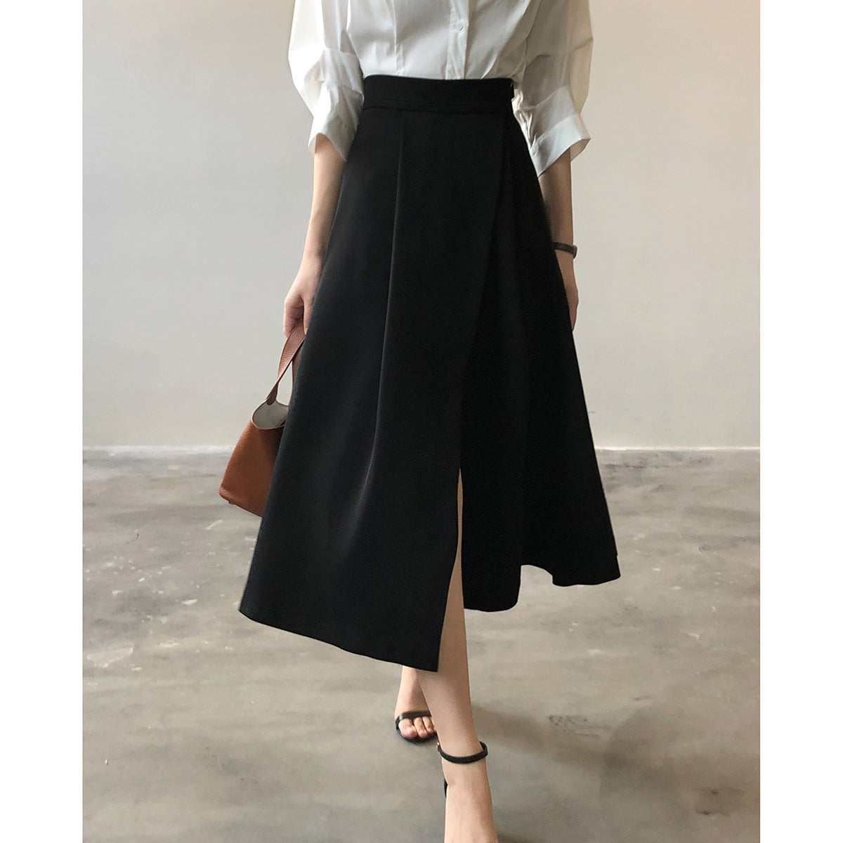 Elegant High Waist Office Slit A line Midi Skirt