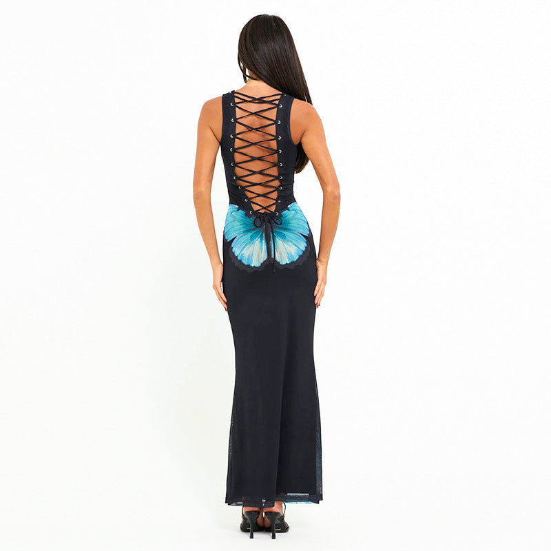 Seksowna motylkowa sukienka maxi z odkrytymi plecami i koronką, bez rękawów