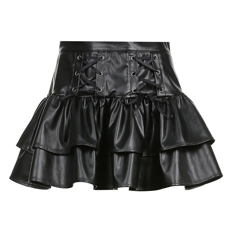 Dark Criss Cross Lace Up Slimming Faux Leather Zipper Pleated Skirt