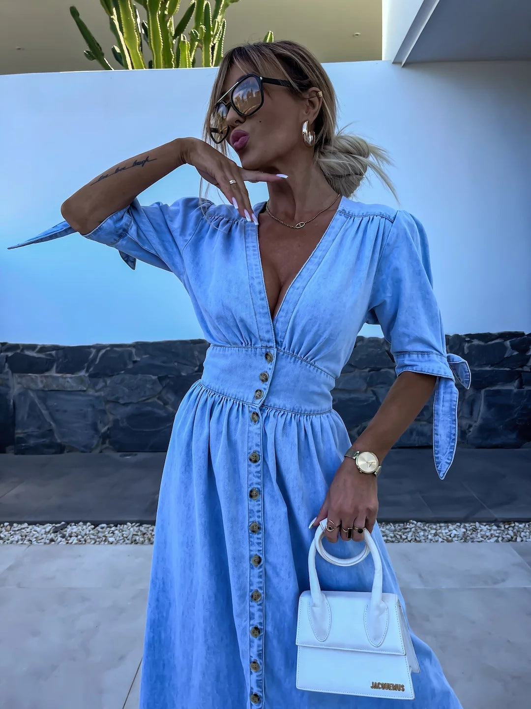 Sexy V Neck Long Button Denim Dress