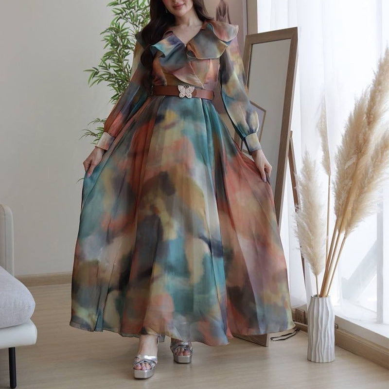 Spring Summer Printing Wide Hem Gauzy Dress